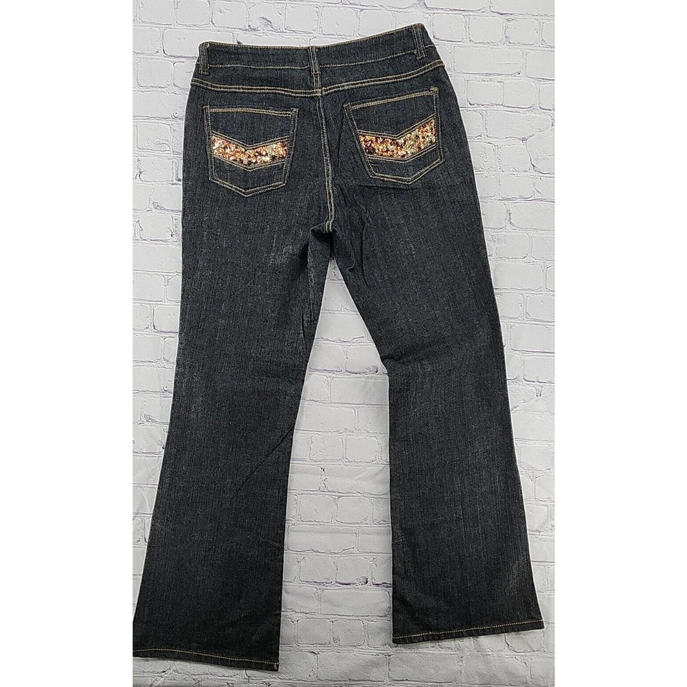 Cache Flare Low Rise Jeans Women's Size 10 Stretch Denim Gold Sequin Pockets